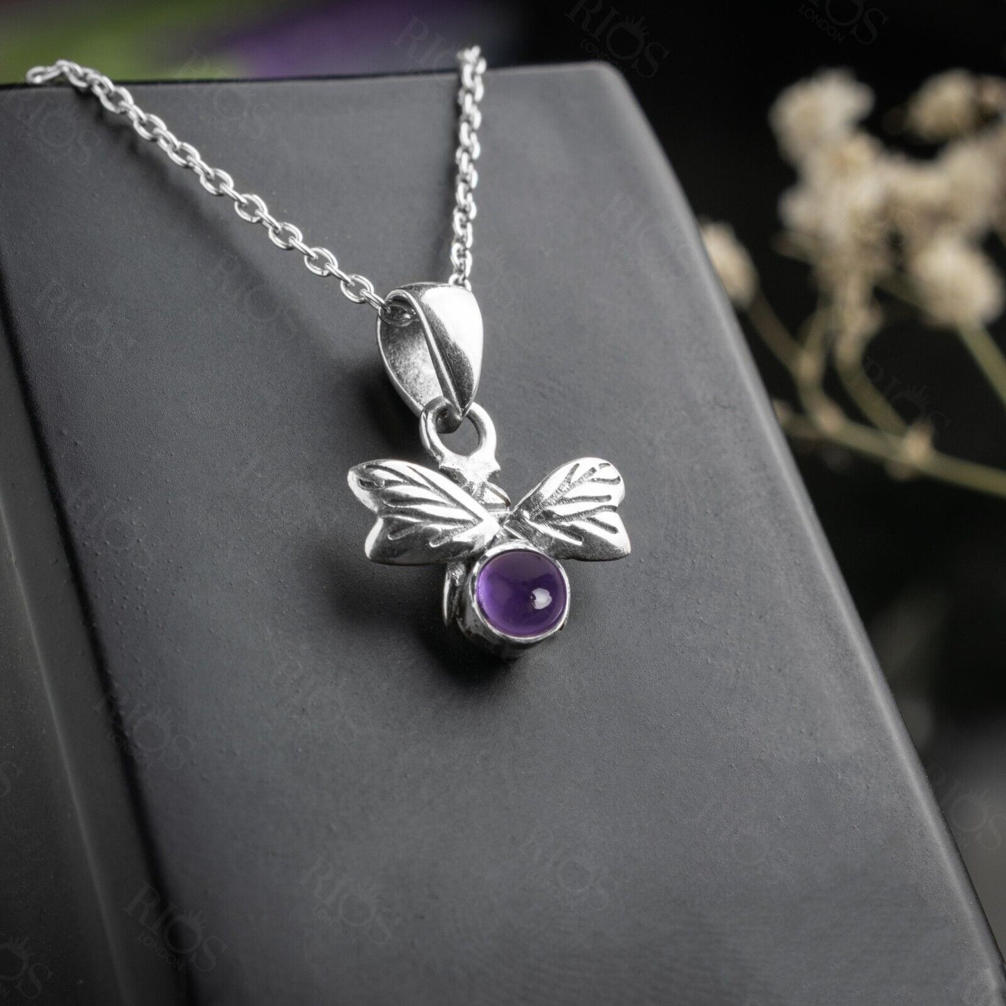 925 Sterling Silver Amethyst Necklace with Honey Bee Purple Pendant Gift Boxed