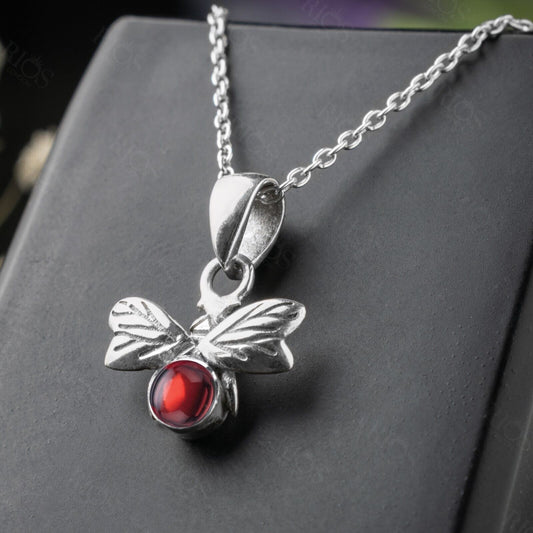 925 Sterling Silver Honey Bee Necklace with Natural Garnet Pendant - Boxed