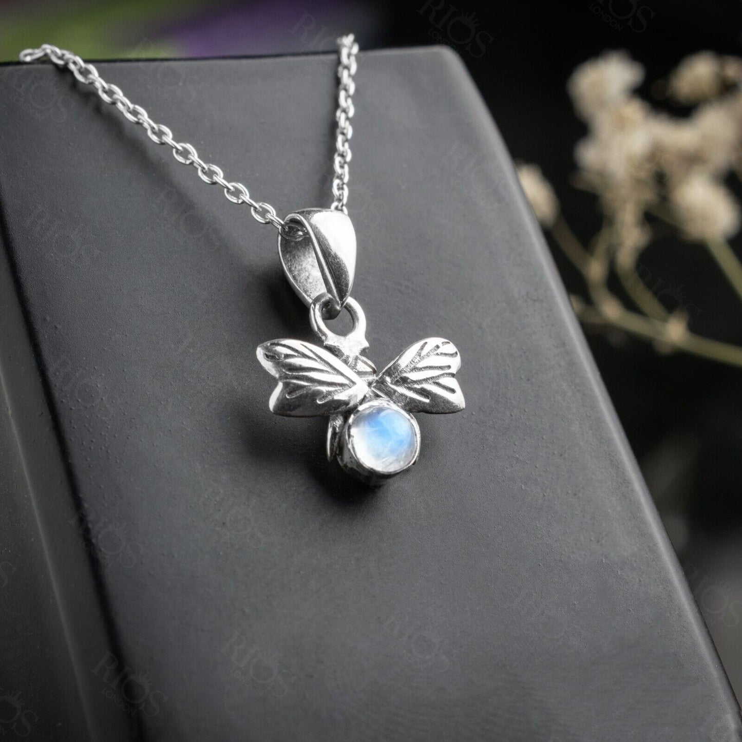 925 Sterling Silver Honey Bee Necklace with Moonstone Pendant Gift Boxed