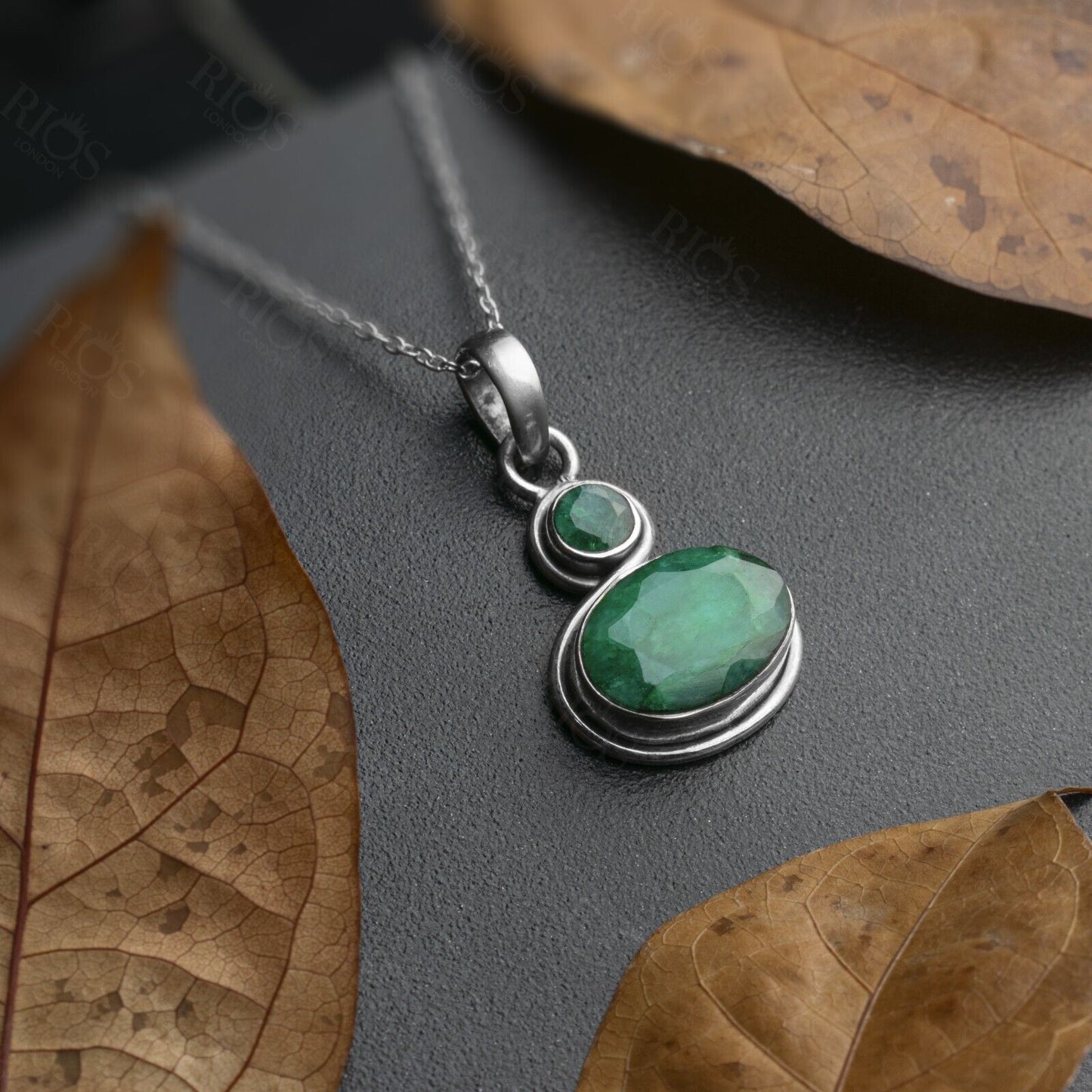 925 Sterling Silver Emerald Gemstone Pendant Women Chain Necklace Gift Boxed