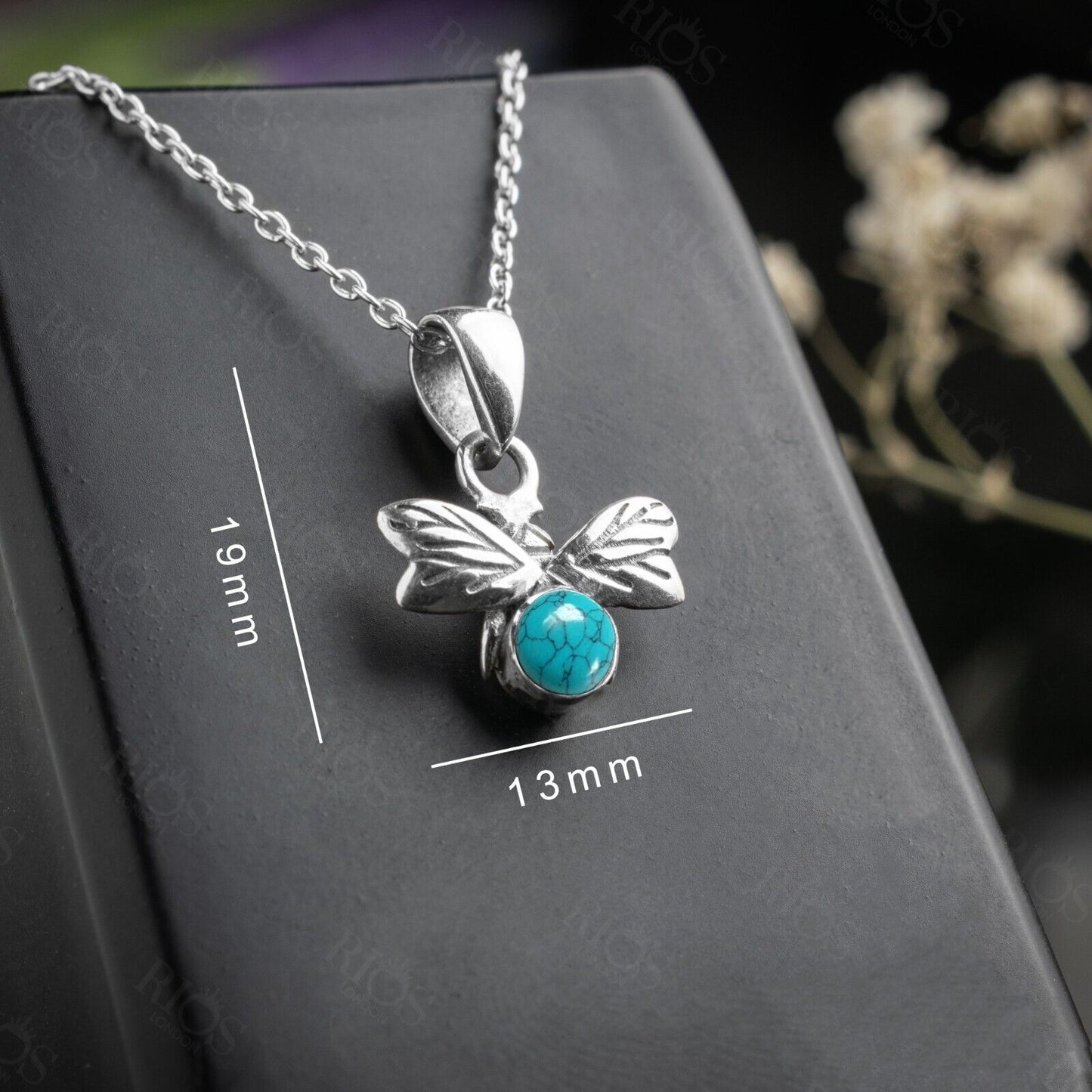 925 Sterling Silver Honey Bee Necklace with Natural Turquoise Pendant - Boxed