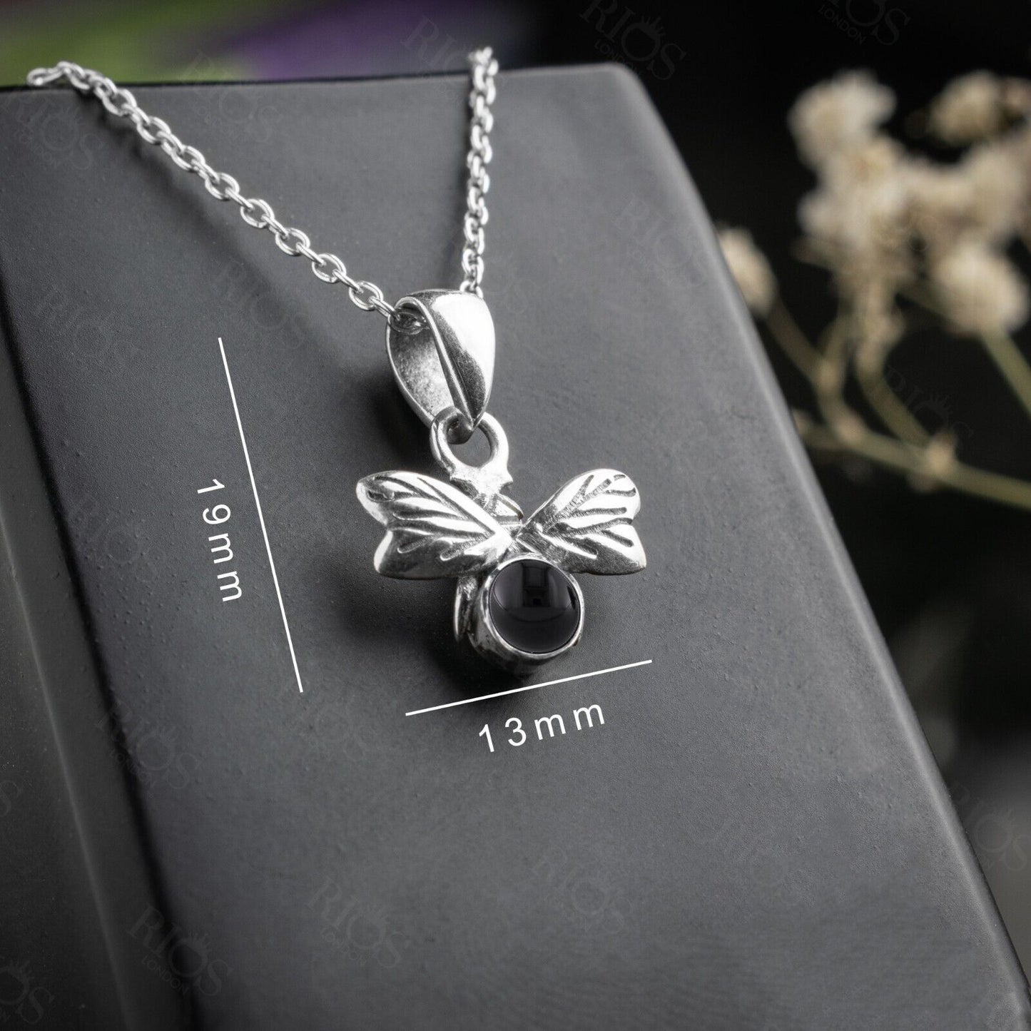 925 Sterling Silver Honey Bee Necklace with Natural Black Onyx Pendant - Boxed