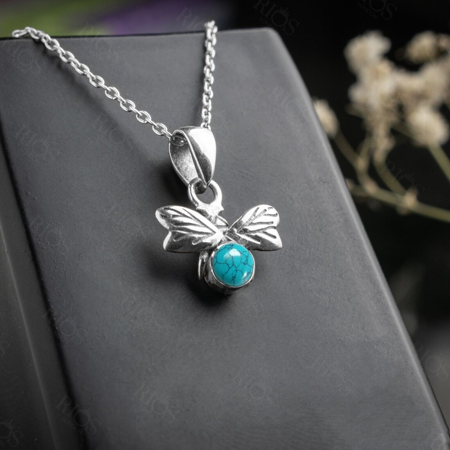 925 Sterling Silver Honey Bee Necklace with Natural Turquoise Pendant - Boxed