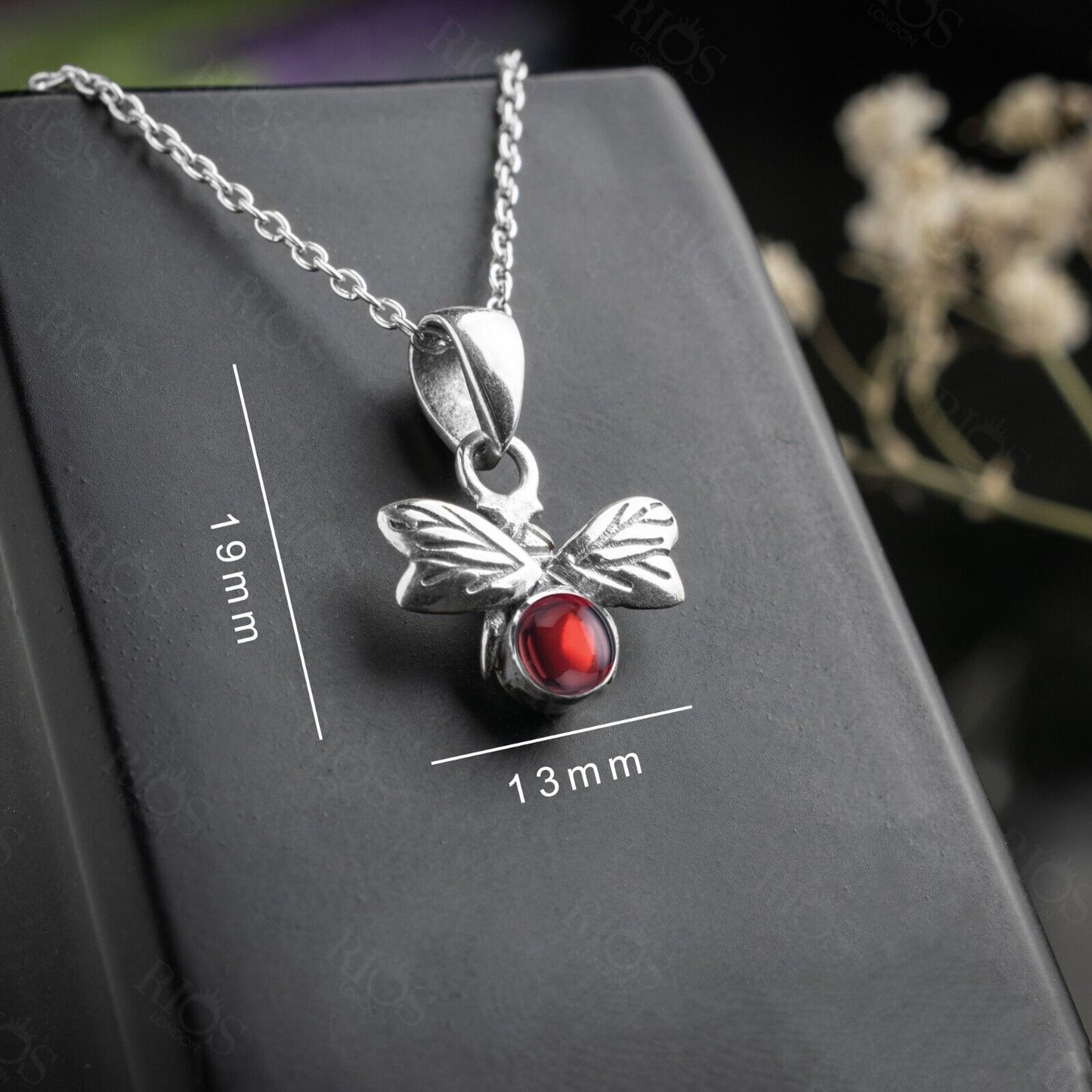 925 Sterling Silver Honey Bee Necklace with Natural Garnet Pendant - Boxed