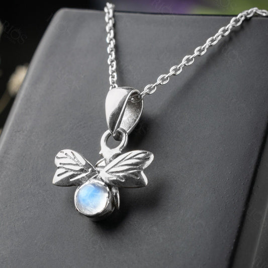 925 Sterling Silver Honey Bee Necklace with Moonstone Pendant Gift Boxed