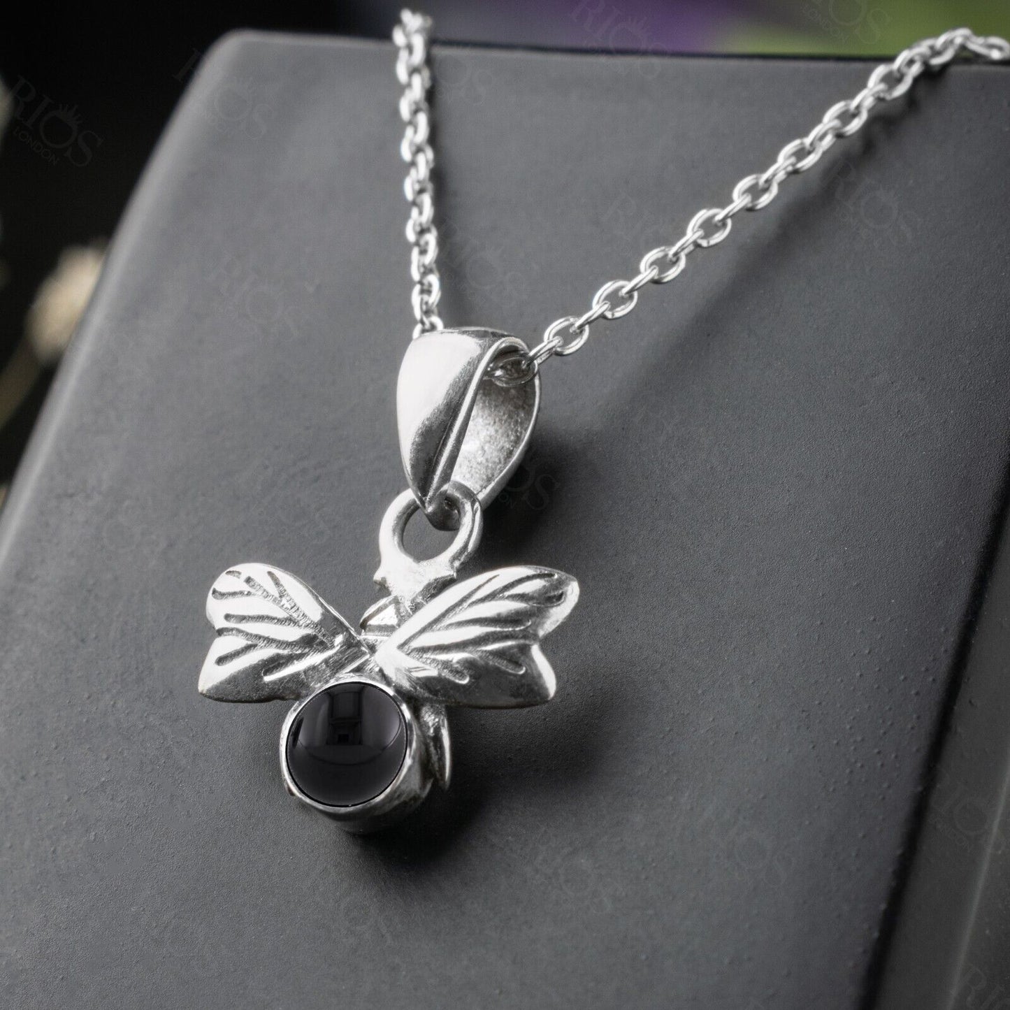 925 Sterling Silver Honey Bee Necklace with Natural Black Onyx Pendant - Boxed