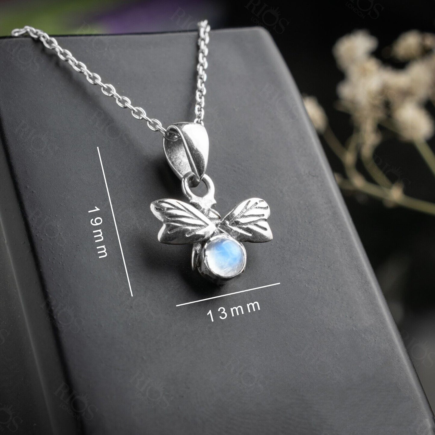 925 Sterling Silver Honey Bee Necklace with Moonstone Pendant Gift Boxed