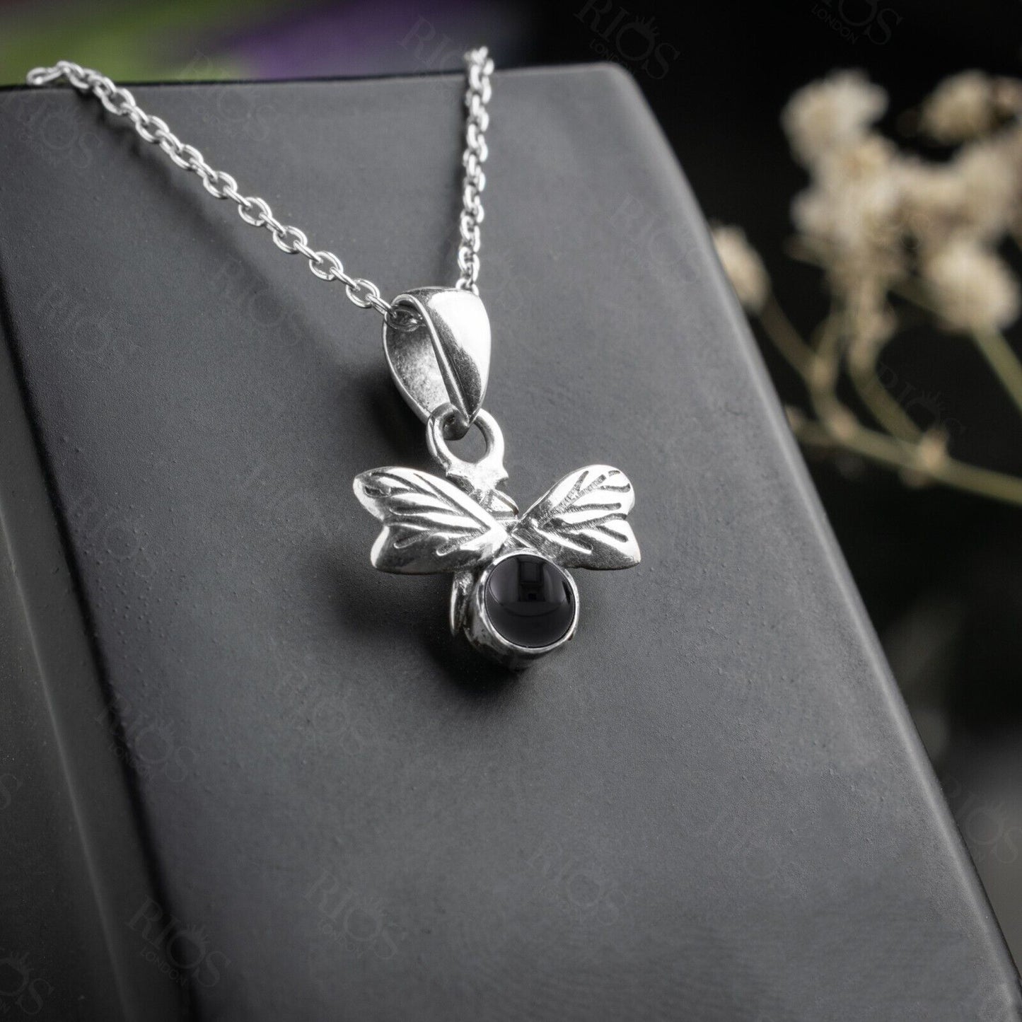 925 Sterling Silver Honey Bee Necklace with Natural Black Onyx Pendant - Boxed