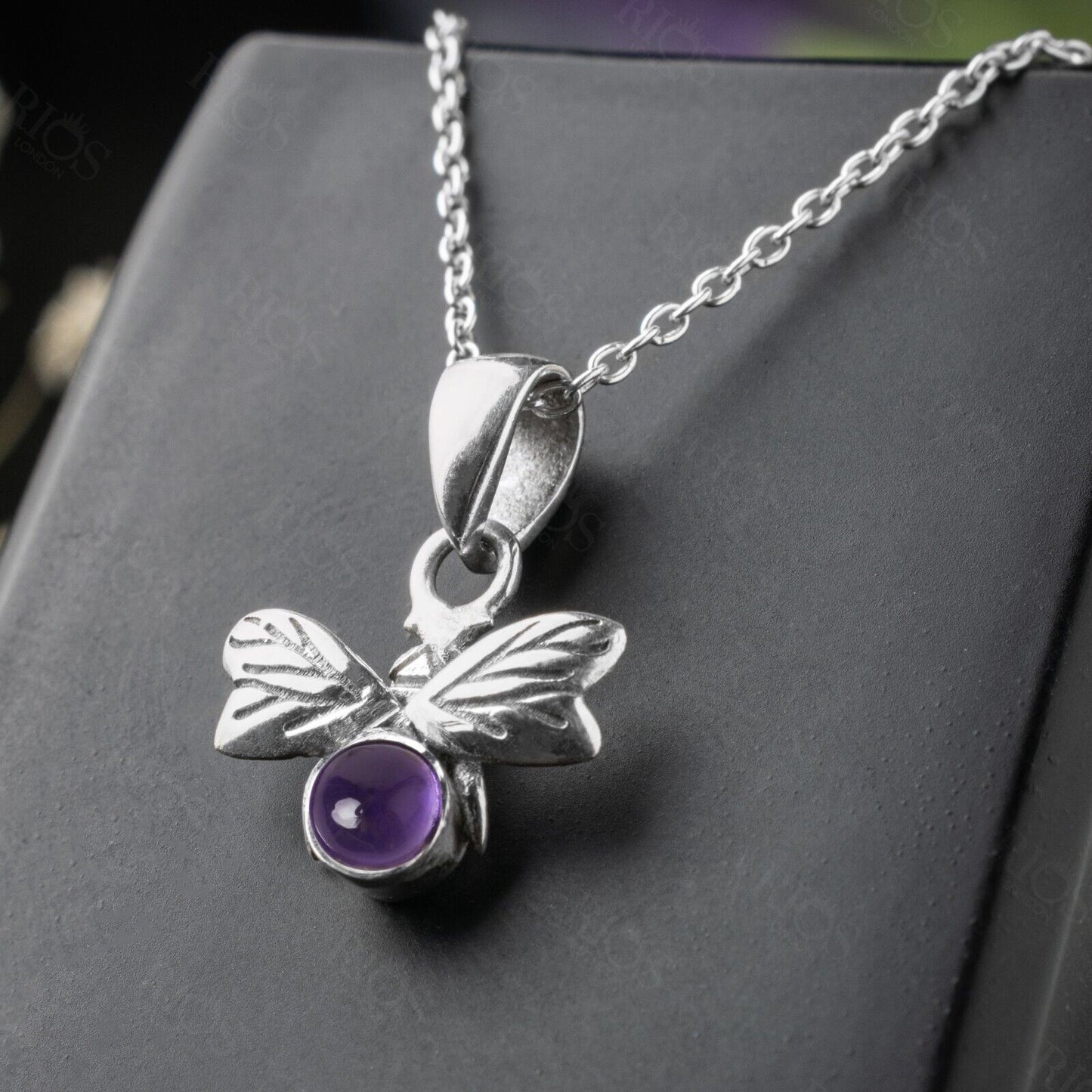 925 Sterling Silver Amethyst Necklace with Honey Bee Purple Pendant Gift Boxed