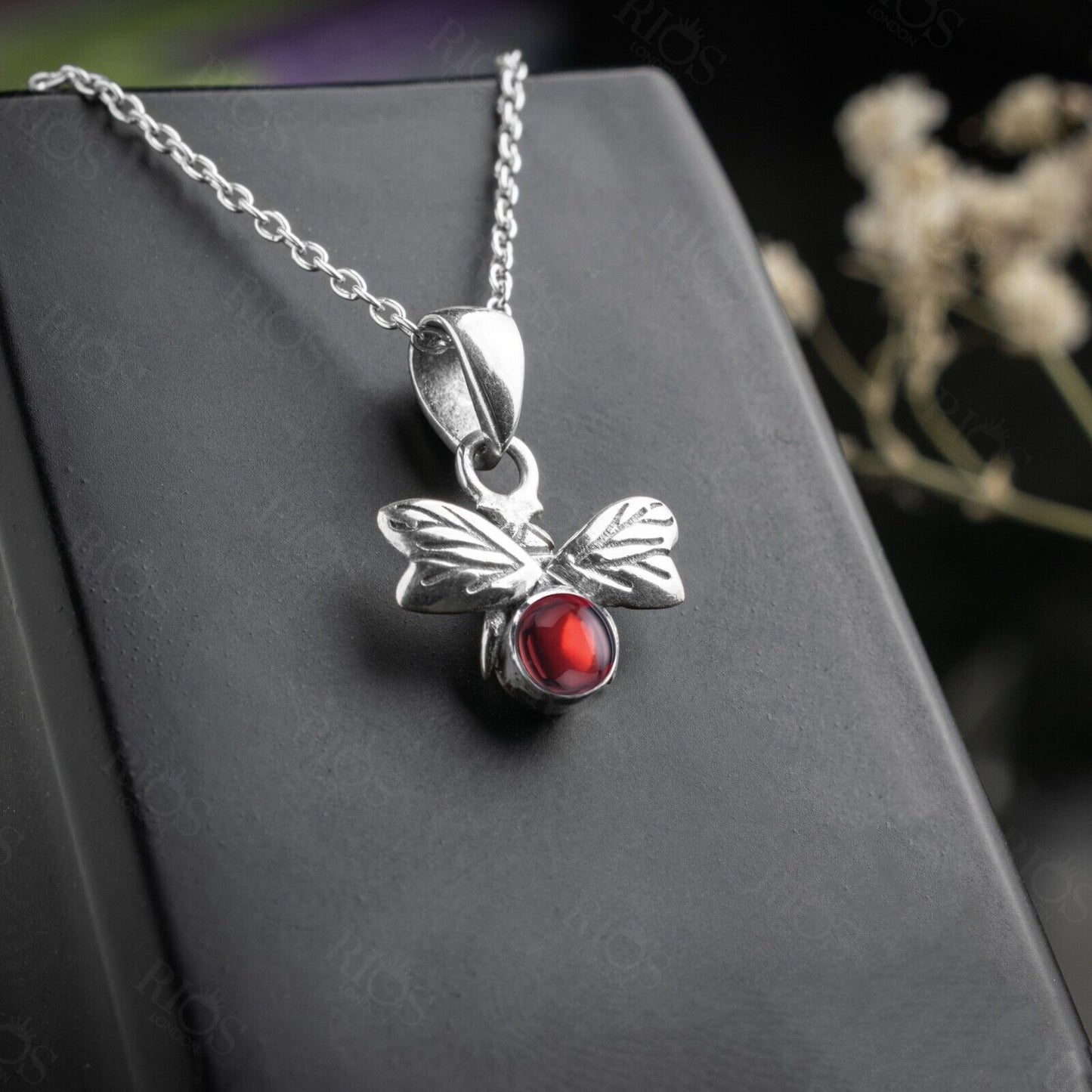 925 Sterling Silver Honey Bee Necklace with Natural Garnet Pendant - Boxed