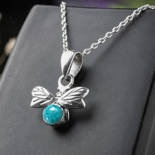 925 Sterling Silver Honey Bee Necklace with Natural Turquoise Pendant - Boxed